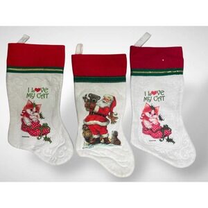 Vintage 1980s Christmas Stockings Set of 3 Santa Cat Designs Felt Fabric